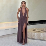 Coffee Deep V Neck Pleated Women Summer Long Evening Party Dress