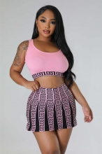 Pink Knitted Stretch Sports Casual Skirt Vest Sweater Skirt Suit
