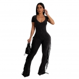 Black Short Sleeve Low Cut V Neck Bodycon Party Sports Tassels Jumpsuits