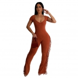 Orange Red Short Sleeve Low Cut V Neck Bodycon Party Sports Tassels Jumpsuits