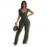 Green Short Sleeve Low Cut V Neck Bodycon Party Sports Tassels Jumpsuits