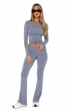 Gray Two Pieces Slin Fit Low Rise Pleated Casual Women Pant Sets Dress