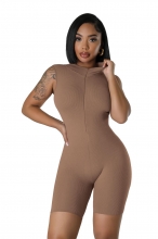 Khaki Zipper Striped Bodycon Women Sexy Zipper Rompers Playsuit