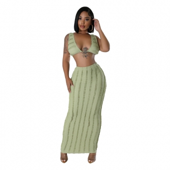 Light Green Sexy Crop Top Hollow Out Bodycon Lace Ruffles Club Midi Dress