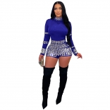 Blue Long Sleeve Diamonds Bodycon Women Party Sexy Romper Dress