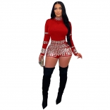 Red Long Sleeve Diamonds Bodycon Women Party Sexy Romper Dress