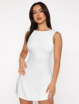 White Solid Hot Girl Sleeveless Sexy Party Club Short Mini Skirt Dress