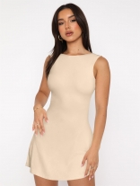Beige Solid Hot Girl Sleeveless Sexy Party Club Short Mini Skirt Dress