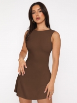 Coffee Solid Hot Girl Sleeveless Sexy Party Club Short Mini Skirt Dress