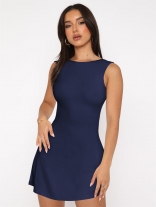 Navy Solid Hot Girl Sleeveless Sexy Party Club Short Mini Skirt Dress