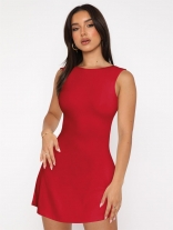 Red Solid Hot Girl Sleeveless Sexy Party Club Short Mini Skirt Dress