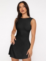 Black Solid Hot Girl Sleeveless Sexy Party Club Short Mini Skirt Dress