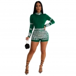 Green Long Slevee Women Fashion Rhinestone Sexy Club Rompers