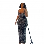 Black Halter Low Cut Sexy Mesh Rhinestones Women Formal Evening Maxi Dress