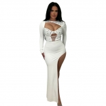 White Long Sleeve Hollow Out Rhinestone Party Maxi Dress