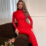 Red Long Sleeve Mesh Pleated Lining Bodycon Luxury Midi Dress