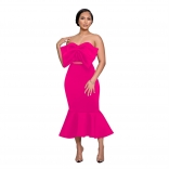 Black Off Shoulder Bow Strapless Two Pieces Pleated Skirt Sets