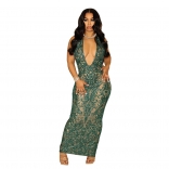 Green Halter Deep V Neck Backless Mesh Sequins Party Maxi Dress