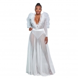 White Mesh Ruffles Deep V Neck Long Sleeve See Through Sexy Party Evening Maxi Dress