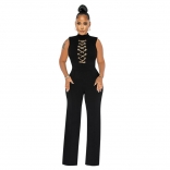 Black Sleeveless Chains Fashion Women Office Casual Jumpsuit Dress