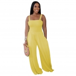 Yellow Off Shoulder Strappless Pleated Casual Wide Leg Jumpsuit Rompers