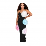 Black Strapless Low Cut Applique Mesh Flowers Evening Party Midi Dress