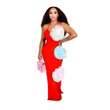 Red Strapless Low Cut Applique Mesh Flowers Evening Party Midi Dress