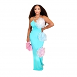Sky Blue Strapless Low Cut Applique Mesh Flowers Evening Party Midi Dress