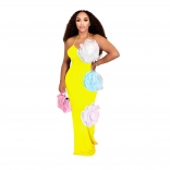 Yellow Strapless Low Cut Applique Mesh Flowers Evening Party Midi Dress