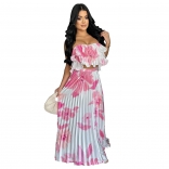 Pink Off Shoulder Crop Top Printed Pleated Sexy Women Casual Skirt Dress Sets