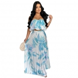 Blue Off Shoulder Crop Top Printed Pleated Sexy Women Casual Skirt Dress Sets