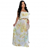 Yellow Off Shoulder Crop Top Printed Pleated Sexy Women Casual Skirt Dress Sets