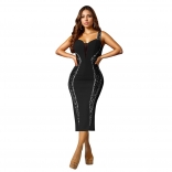 Black Straps V Neck Diamonds Bodycon Evening Formal Midi Dress