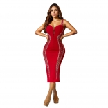 Red Straps V Neck Diamonds Bodycon Evening Formal Midi Dress
