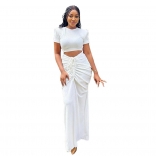 White Short Sleeve Crop Top Pleated Bodycon Women Midi Skirt Dress Sets