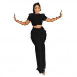 Black Short Sleeve Crop Top Pleated Bodycon Women Midi Skirt Dress Sets