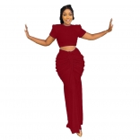 Red Short Sleeve Crop Top Pleated Bodycon Women Midi Skirt Dress Sets