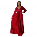 Red Trendy Autumn V-Neck Lantern Sleeve Dress with Pleats