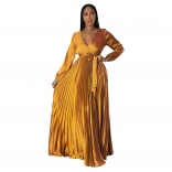 Gold Trendy Autumn V-Neck Lantern Sleeve Dress with Pleats