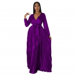 Purple Trendy Autumn V-Neck Lantern Sleeve Dress with Pleats