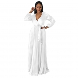 White Trendy Autumn V-Neck Lantern Sleeve Dress with Pleats