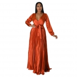 Orange Trendy Autumn V-Neck Lantern Sleeve Dress with Pleats