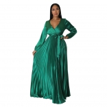 Green Trendy Autumn V-Neck Lantern Sleeve Dress with Pleats