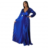 Blue Trendy Autumn V-Neck Lantern Sleeve Dress with Pleats