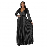 Black Trendy Autumn V-Neck Lantern Sleeve Dress with Pleats