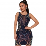 Blue Sleeveless Mesh V Neck Sequins Prom Party Bodycon Mini Dress