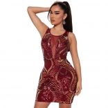 Red Sleeveless Mesh V Neck Sequins Prom Party Bodycon Mini Dress