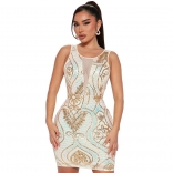 Beige Sleeveless Mesh V Neck Sequins Prom Party Bodycon Mini Dress