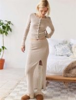 Khaki Women's Two Pieces Sweaters Knitting Sweety Skirt Sets