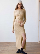 Light Yellow Women's Two Pieces Sweaters Knitting Sweety Skirt Sets